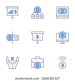 Bitcoin icons set. Line Duotone style, editable stroke. payment, statistics, briefcase, cash, presentation, bitcoin.