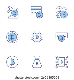 Bitcoin icons set. Line Duotone style, editable stroke. credit card, money bag, program, atm machine, exchange, blockchain, bitcoin, cryptocurrency.