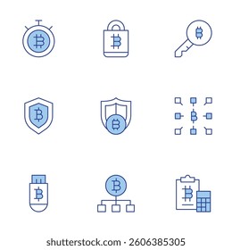 Bitcoin icons set. Line Duotone style, editable stroke. document, key, blockchain, secure payment