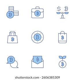 Bitcoin icons set. Line Duotone style, editable stroke. balance, growth, bag, bitcoin.