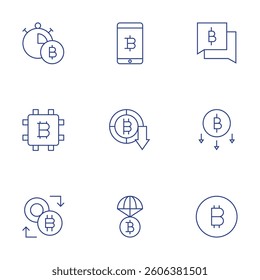 Bitcoin icons set. Thin Line style, editable stroke. timer, cpu, exchange, smartphone, bitcoin.