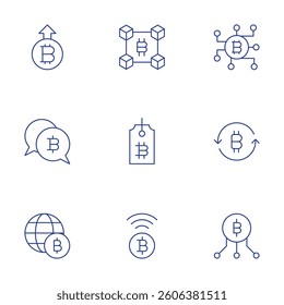 Bitcoin icons set. Thin Line style, editable stroke. rise in value, transactions, world, cryptocurrency, bitcoin.