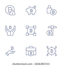 Bitcoin icons set. Thin Line style, editable stroke. savings, blockchain, briefcase, padlock, mining, cryptocurrency, bitcoin.