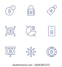 Bitcoin icons set. Thin Line style, editable stroke. security, pie chart, cash, tag, card, trading, bitcoin.