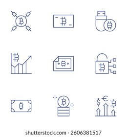 Bitcoin icons set. Thin Line style, editable stroke. pendrive, locker, currencies, blockchain, bitcoin.