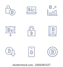 Bitcoin icons set. Thin Line style, editable stroke. padlock, presentation, value, analysis, unlock, smartphone, statistics