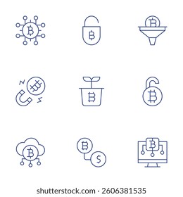 Bitcoin icons set. Thin Line style, editable stroke. money, magnet, cloud, lock, grow up, currency exchange, filter