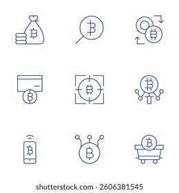 Bitcoin icons set. Thin Line style, editable stroke. exchange, search, load, money bag