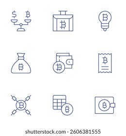 Bitcoin icons set. Thin Line style, editable stroke. briefcase, wallet, calculator, idea, statement