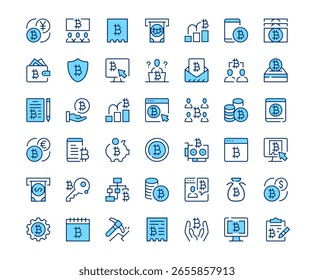 Bitcoin-Symbole. Symbolsatz für Vektorzeile. Modernes Design. Blaues Konzept