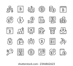 Bitcoin icons. Vector line icons set. Digital currency, cryptocurrency concepts. Black outline stroke symbols