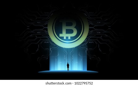 Bitcoin illustration concept. Futuristic digital money, technology worldwide network concept. Small man looks at a huge futuristic hologram.