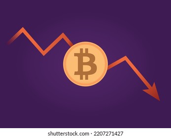 Bitcoin Illustration With Declining Status. Falling Bitcoin. Negative Cryptocurrency Status. Decreasing Economic Statistic. Down Arrow.