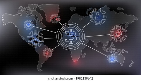 Ilustración de Bitcoin sobre la unificación de todas las criptodivisas, ilustración sobre la creación del consejo criptodivisa. Iconos de las principales criptomonedas.