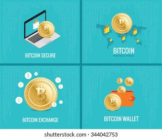 bitcoin illustration set -  coins, wallet, secure and exchange icons on the digital blue background