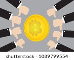 Bitcoin illustration with thumb down hand. Concept of Bitcoin as a dangerous currency.
