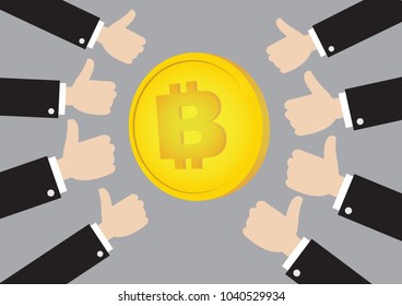 Bitcoin illustration with thumb ups hand. Concept of Bitcoin as a good currency for the future.