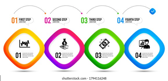 Bitcoin, Income money and Presentation board icons simple set. Timeline infographic. Stock analysis sign. Cryptocurrency coin, Savings, Growth chart. Business trade. Finance set. Vector