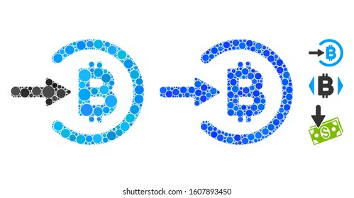 Bitcoin income mosaic of filled circles in different sizes and color hues, based on Bitcoin income icon. Vector small circles are grouped into blue illustration.