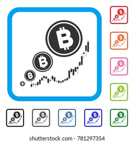 Bitcoin Inflation Chart icon. Flat gray iconic symbol in a blue rounded squared frame. Black, gray, green, blue, red, orange color variants of Bitcoin Inflation Chart vector.