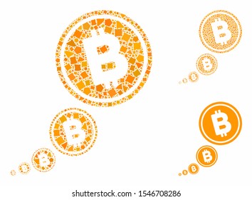 Bitcoin inflation composition of raggy pieces in variable sizes and color tones, based on Bitcoin inflation icon. Vector raggy items are composed into collage.