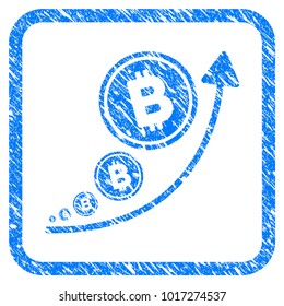 Bitcoin Inflation Trend rubber seal stamp imitation. Icon vector symbol with grunge design and dust texture in rounded squared frame. Scratched blue emblem on a white background.