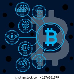 Bitcoin infographics with rounded icons. Vector graphic cryptocurrency  illustration.