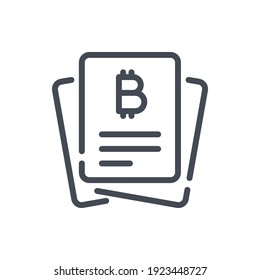 Icono de línea de información de bitcoin. Informe y documento con signo de contorno vectorial de información de bitcoin.