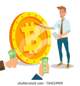 Bitcoin Innovative Start Up Vector. Monetization Project Idea Concept. Businessman With Big Bitcoin Sign. Isolated On White Cartoon Business Character Illustration