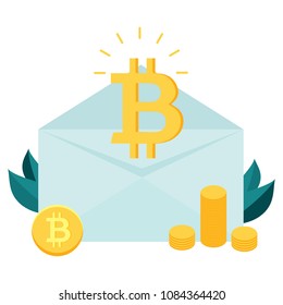 Bitcoin inside the envelope. Piles of golden bitcoins. Fintech industry, finance digitization concept design