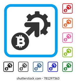 Bitcoin Integration Cog icon. Flat grey pictogram symbol inside a blue rounded squared frame. Black, gray, green, blue, red, orange color additional versions of Bitcoin Integration Cog vector.