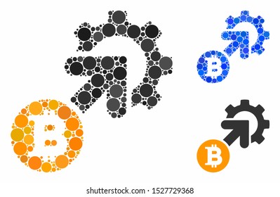 Bitcoin integration cog mosaic of filled circles in various sizes and color hues, based on Bitcoin integration cog icon. Vector filled circles are united into blue mosaic.