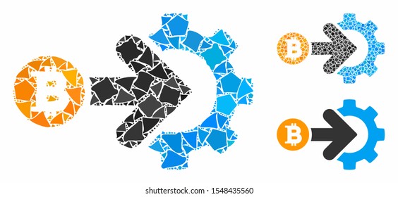 Bitcoin integration gear mosaic of raggy pieces in various sizes and shades, based on Bitcoin integration gear icon. Vector rugged pieces are organized into collage.