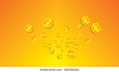Bitcoin, the internet currency coin is falling. Big scattered BITcoins. Cryptocurrency, digital money. Exotic jackpot, wealth or success concept.