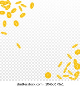 Bitcoin, internet currency coins falling. Scattered small BTC coins on transparent background. Outstanding scatter abstract corners vector illustration. Jackpot or success concept.