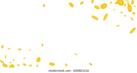 Bitcoin, internet currency coins falling. Scattered disorderly BTC coins on white background. Wondrous wide corners vector illustration. Jackpot or success concept.