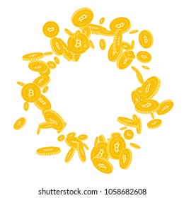 Bitcoin, internet currency coins falling. Scattered floating BTC coins on white background. Majestic round scattered frame vector illustration. Jackpot or success concept.