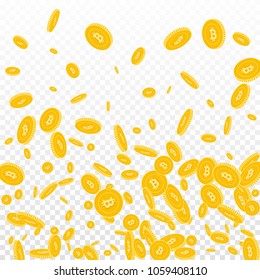 Bitcoin, internet currency coins falling. Scattered disorderly BTC coins on transparent background. Memorable bottom gradient vector illustration. Jackpot or success concept.