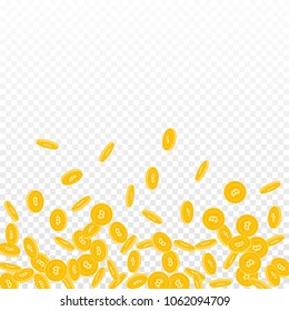 Bitcoin, internet currency coins falling. Scattered small BTC coins on transparent background. Pretty scatter bottom gradient vector illustration. Jackpot or success concept.