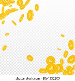 Bitcoin, internet currency coins falling. Scattered floating BTC coins on transparent background. Optimal scatter abstract corners vector illustration. Jackpot or success concept.