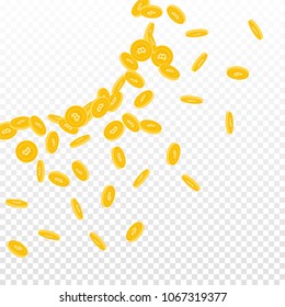 Bitcoin, internet currency coins falling. Scattered small BTC coins on transparent background. Curious radiant left top corner vector illustration. Jackpot or success concept.