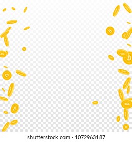 Bitcoin, internet currency coins falling. Scattered disorderly BTC coins on transparent background. Beauteous messy border vector illustration. Jackpot or success concept.