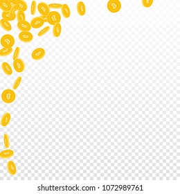 Bitcoin, internet currency coins falling. Scattered small BTC coins on transparent background. Creative abstract left top corner vector illustration. Jackpot or success concept.