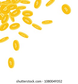 Bitcoin, internet currency coins falling. Scattered big BTC coins on white background. Eminent scattered top left corner vector illustration. Jackpot or success concept.