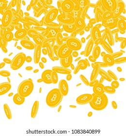 Bitcoin, internet currency coins falling. Scattered floating BTC coins on white background. Likable top gradient vector illustration. Jackpot or success concept.