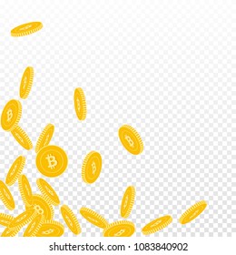Bitcoin, internet currency coins falling. Scattered big BTC coins on transparent background. Amusing scattered bottom left corner vector illustration. Jackpot or success concept.