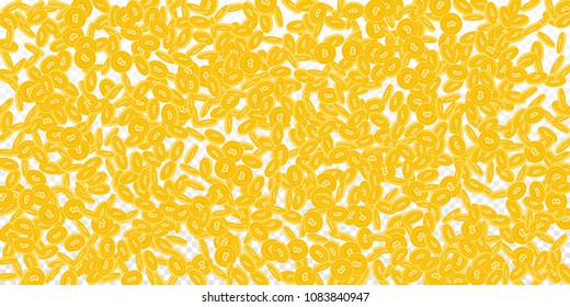 Bitcoin, internet currency coins falling. Scattered small BTC coins on transparent background. Charming wide scatter vector illustration. Jackpot or success concept.