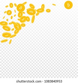 Bitcoin, internet currency coins falling. Scattered disorderly BTC coins on transparent background. Overwhelming top left corner vector illustration. Jackpot or success concept.
