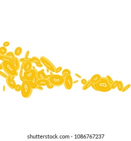 Bitcoin, internet currency coins falling. Scattered floating BTC coins on white background. Grand square shape vector illustration. Jackpot or success concept.