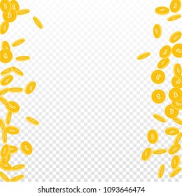 Bitcoin, internet currency coins falling. Scattered small BTC coins on transparent background. Bold messy border vector illustration. Jackpot or success concept.